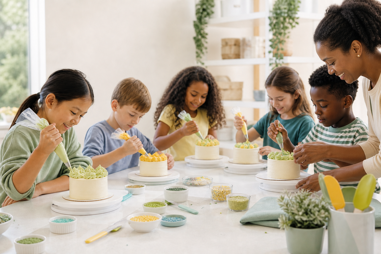 Children enjoying a supervised cake decorating activity